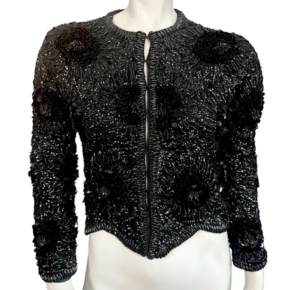 VINTAGE 50’s 60’s Casa Cavanagh Black Beaded Sequin Wool Silk Flower Cardigan